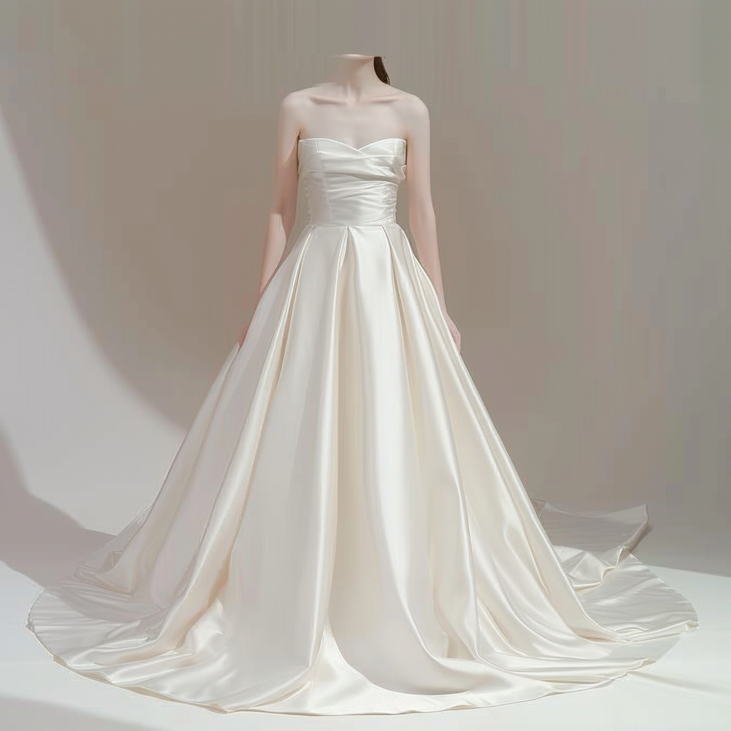 高級サテンウエディングドレス　ベアトップ　カジュアル 100ｃｍトレーン　　結婚式　前撮り　二次会　結婚式 披露宴