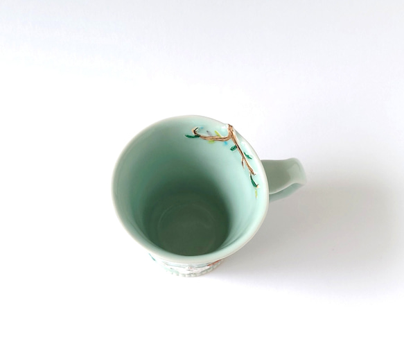 　ネコさんとカエルさんの追いかけっこ・・？　　ゆっくりティータイム（ネコとカエルとフクロウ）マグカップ　磁器 6枚目の画像