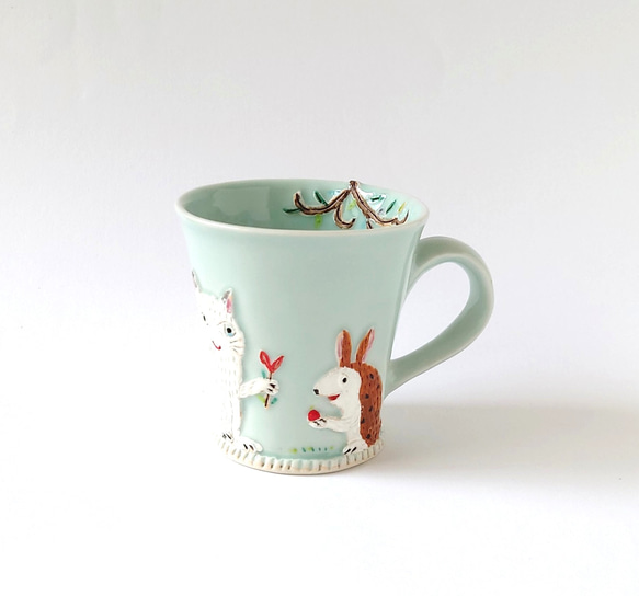 　ネコさんとカエルさんの追いかけっこ・・？　　ゆっくりティータイム（ネコとカエルとフクロウ）マグカップ　磁器 14枚目の画像