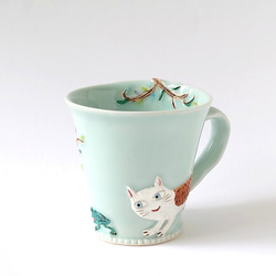 　ネコさんとカエルさんの追いかけっこ・・？　　ゆっくりティータイム（ネコとカエルとフクロウ）マグカップ　磁器 2枚目の画像