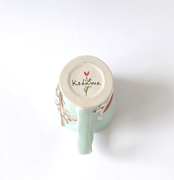 　ネコさんとカエルさんの追いかけっこ・・？　　ゆっくりティータイム（ネコとカエルとフクロウ）マグカップ　磁器 7枚目の画像