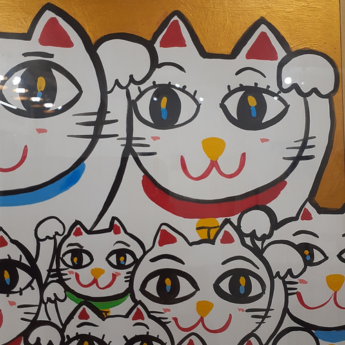 カラフルな招き猫のポップアート絵画 色紙サイズ 画家 小楠アキコ作品