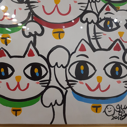 カラフルな招き猫のポップアート絵画 色紙サイズ 画家 小楠アキコ作品