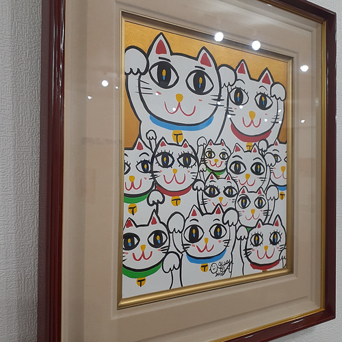 カラフルな招き猫のポップアート絵画 色紙サイズ 画家 小楠アキコ作品
