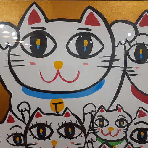 カラフルな招き猫のポップアート絵画 色紙サイズ 画家 小楠アキコ作品