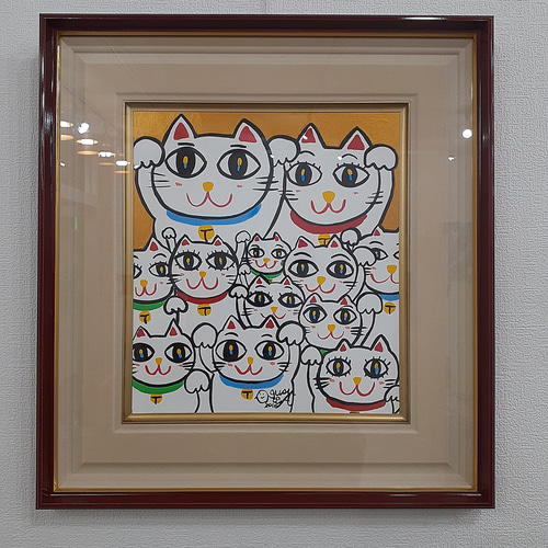カラフルな招き猫のポップアート絵画 色紙サイズ 画家 小楠アキコ作品
