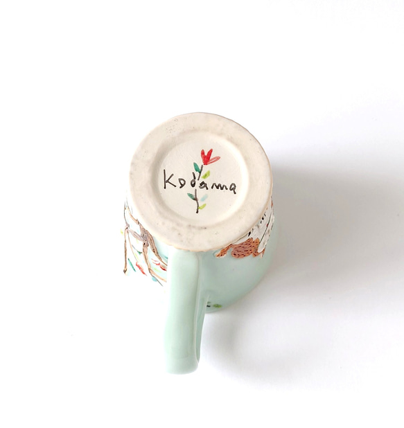 イヌさんとネコさん、道でバッタリ会う。　ゆっくりティータイム（イヌとネコと小鳥）マグカップ　磁器 7枚目の画像