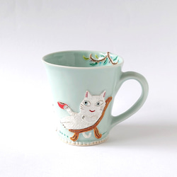 イヌさんとネコさん、道でバッタリ会う。　ゆっくりティータイム（イヌとネコと小鳥）マグカップ　磁器 14枚目の画像