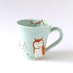 イヌさんとネコさん、道でバッタリ会う。　ゆっくりティータイム（イヌとネコと小鳥）マグカップ　磁器 2枚目の画像