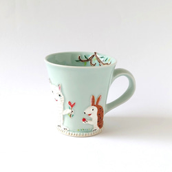 イヌさんとネコさん、道でバッタリ会う。　ゆっくりティータイム（イヌとネコと小鳥）マグカップ　磁器 15枚目の画像
