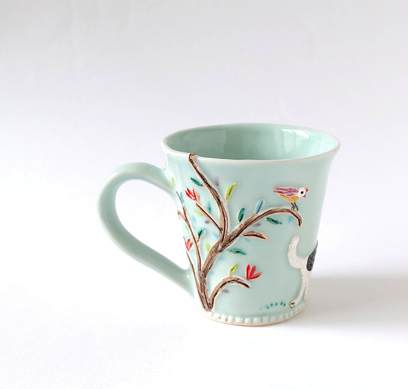 イヌさんとネコさん、道でバッタリ会う。　ゆっくりティータイム（イヌとネコと小鳥）マグカップ　磁器 5枚目の画像