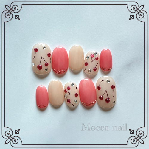 【‪‪❤︎‬！】 フルオーダー＋さくらんぼネイル 2点セット 207】甘すぎない大人のチェリーネイル さくらんぼネイル 春 マグネット