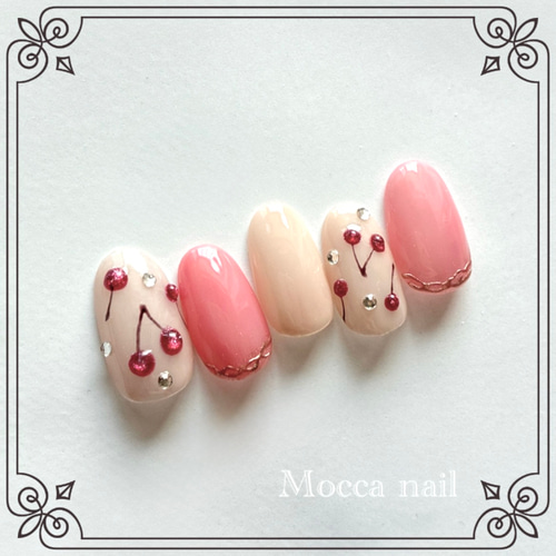 オーダー ネイルチップ 量産型 スナ系 チェック さくらんぼ チェリー ハート ネイルチップ チェック柄 ガーリー さくらんぼ ギャル ロング