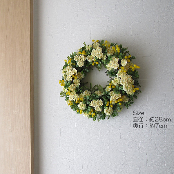ミモザ・ナデシコ入り春リース　アーティフィシャルフラワー　直径約28cm　ｃｍwh151
