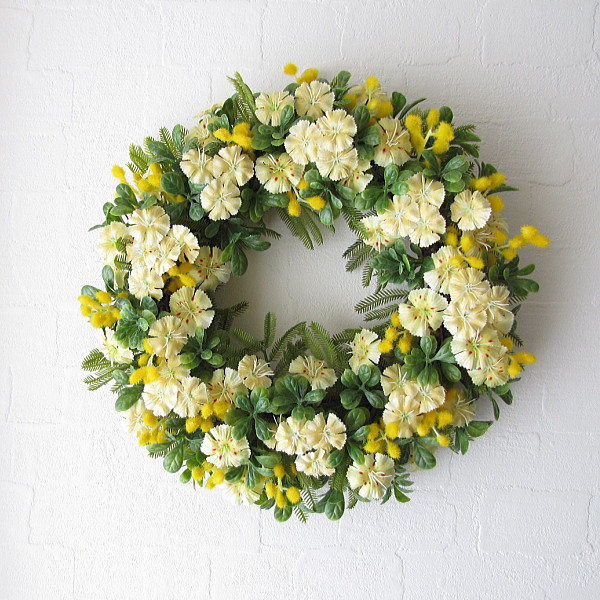 ミモザ・ナデシコ入り春リース　アーティフィシャルフラワー　直径約28cm　ｃｍwh151