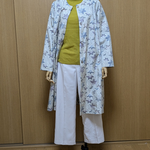 着物リメイク ノーカラーコート 大島紬 M〜L スプリングコート さら