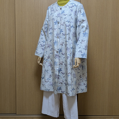 着物リメイク ノーカラーコート 大島紬 M〜L スプリングコート さら