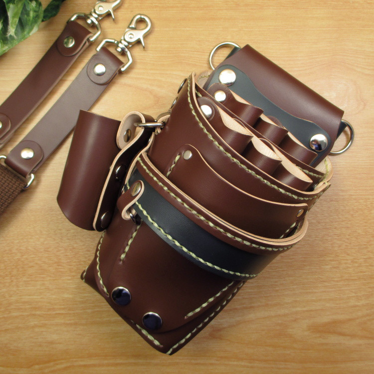 本革　ハンドメイド　6丁差しシザーケース  ブラシケース付き (ブラウン×ダークグリーン)　SCA-69/CBA