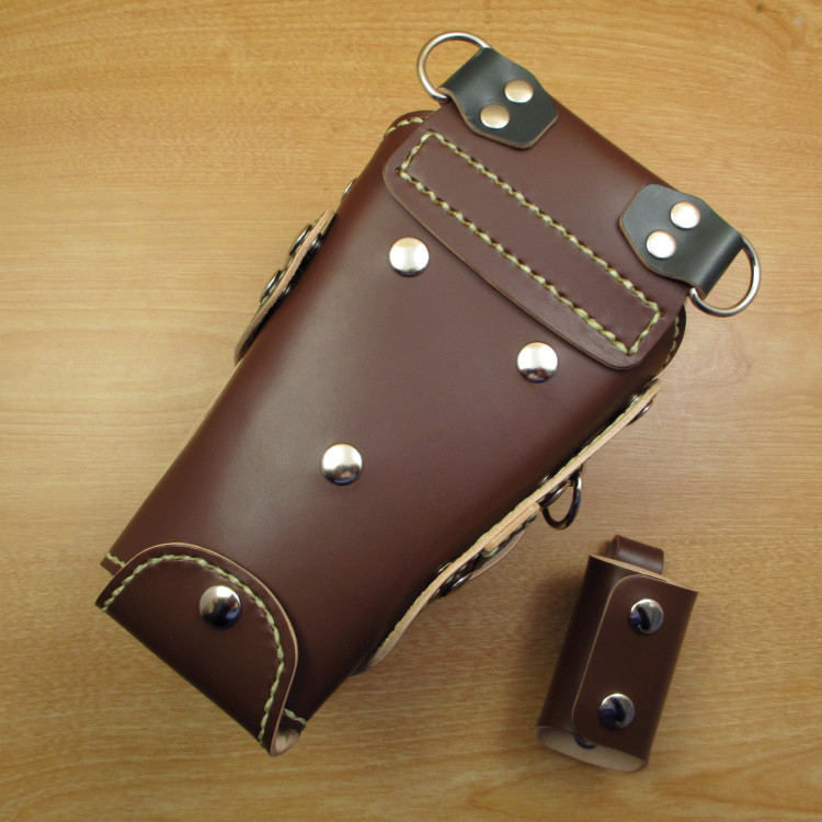 本革　ハンドメイド　6丁差しシザーケース  ブラシケース付き (ブラウン×ダークグリーン)　SCA-69/CBA