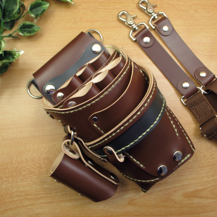 本革　ハンドメイド　6丁差しシザーケース  ブラシケース付き (ブラウン×ダークグリーン)　SCA-69/CBA