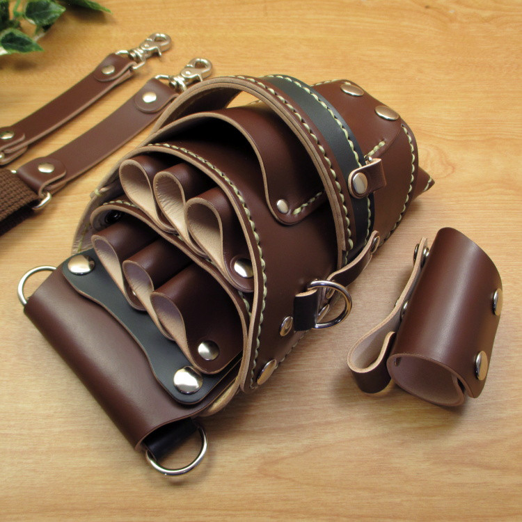 本革　ハンドメイド　6丁差しシザーケース  ブラシケース付き (ブラウン×ダークグリーン)　SCA-69/CBA