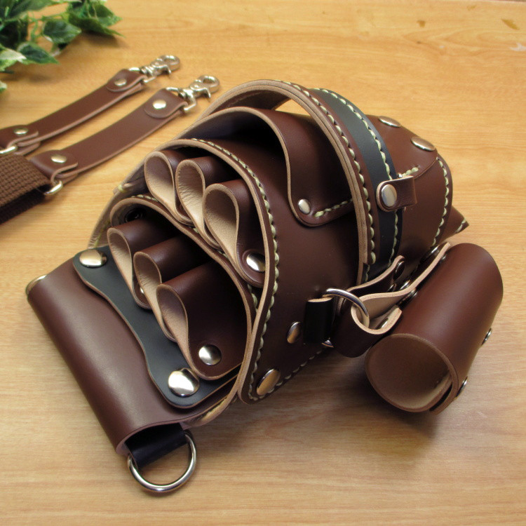 本革　ハンドメイド　6丁差しシザーケース  ブラシケース付き (ブラウン×ダークグリーン)　SCA-69/CBA