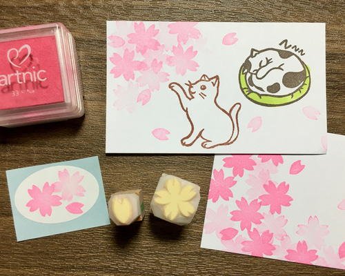 桜の花の消しゴムはんこセット（持ち手つき）＆押し方見本ミニ