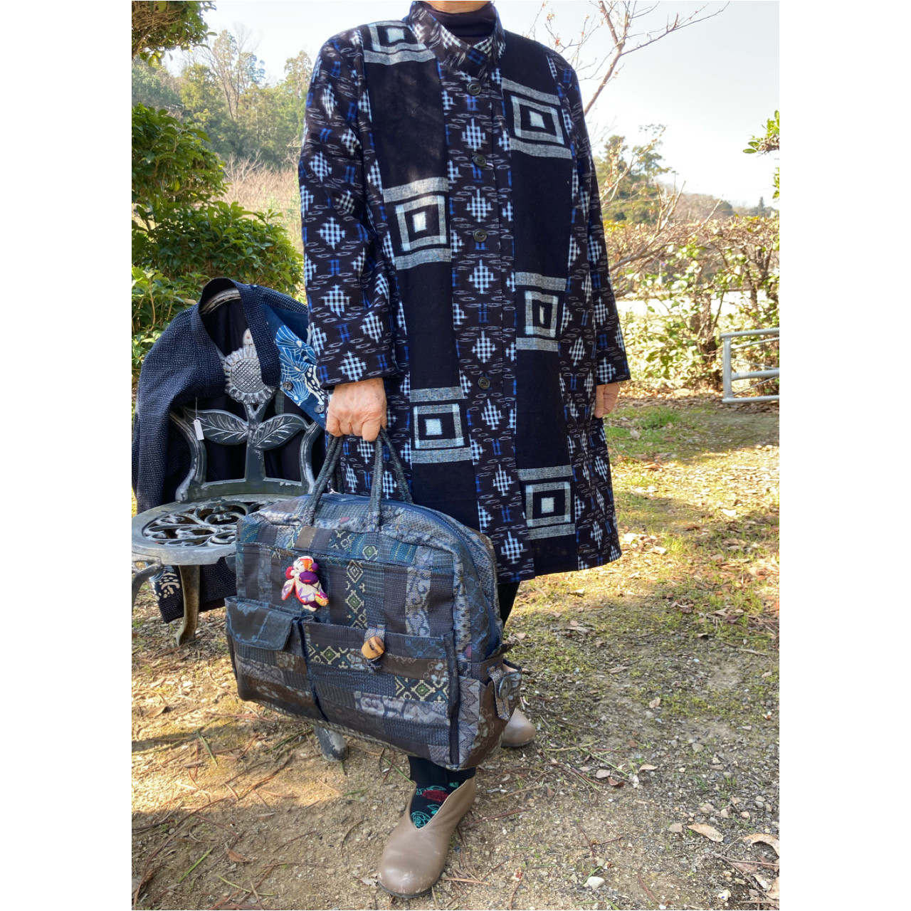 久留米絣の前開きロングジャケット　　　　　　　古布リメイク