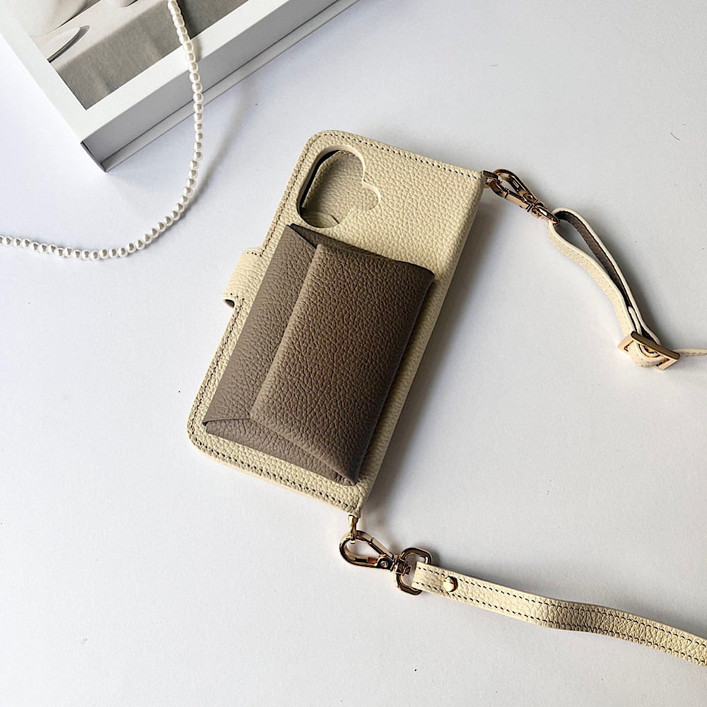 手帳型スマホケース バイカラーIvory+Etaupe　本革　名入れ可　カード収納　ショルダー付き　レザー