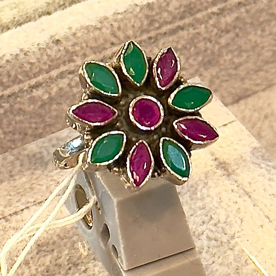 指輪 グリーンオニキス&アメジスト お花 レディース シルバー925 天然石 インディアンジュエリー 縁起物 手作り