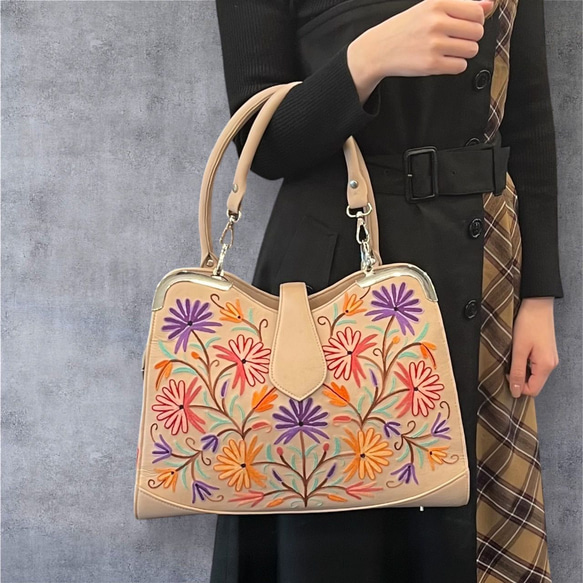 カシミールバッグ 草花模様 牛革 刺繍 トートバッグ ショルダーバッグ