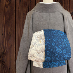 着物反物*大島紬と縞紫大人の兵児帯半幅帯長尺470ハンドメイド