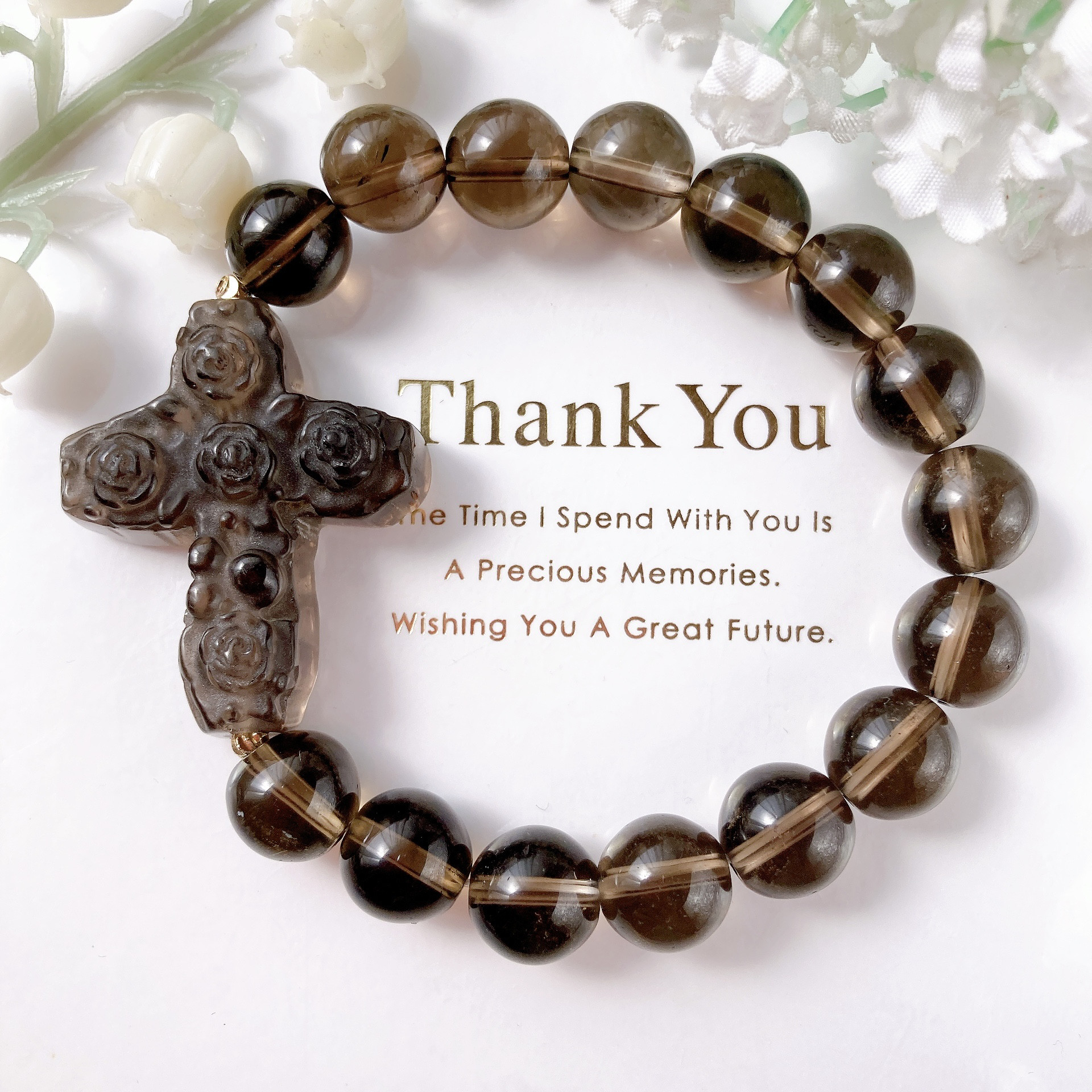 ˚✧₊⁎一点のみ˚✧₊⁎スモーキークォーツ薔薇十字架天然石ブレスレット