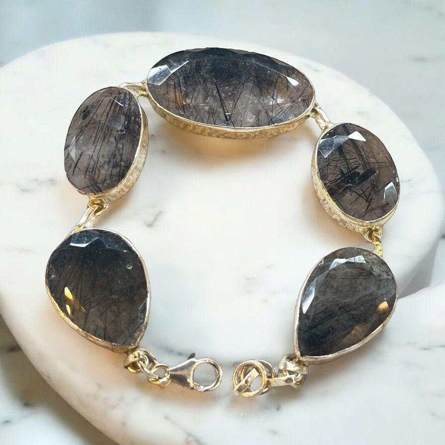 大粒 ブラックルチルクオーツ ブレスレット ハンドメイド シルバー925 黒針金 天然石 レディース メンズ1点もの
