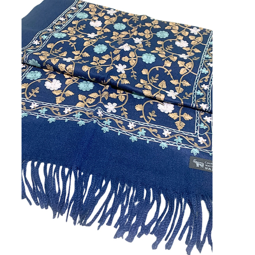 ウズベキスタン直輸入 カシミヤ100% 刺繍ストール ネイビー マフラー