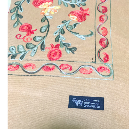 ウズベキスタン直輸入 カシミヤ100% 刺繍ストール ベージュ マフラー