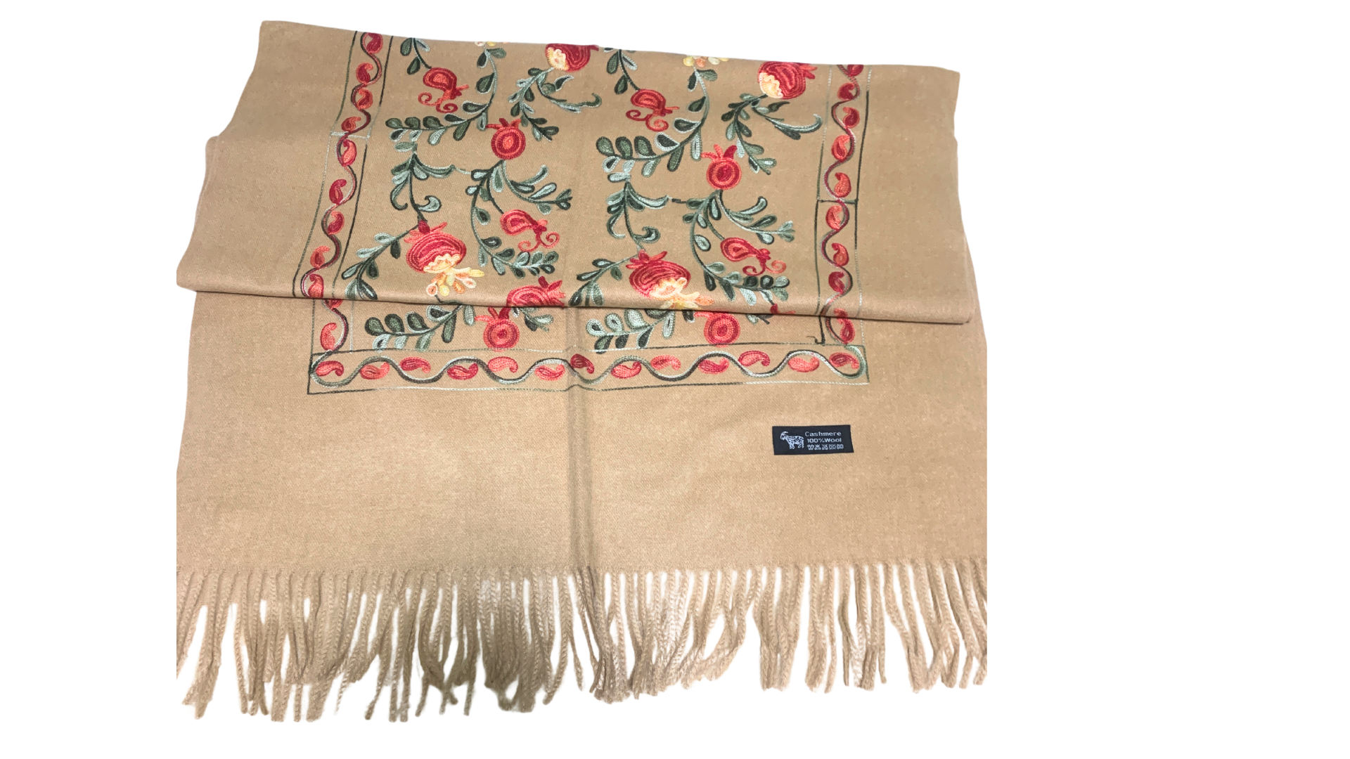 ウズベキスタン直輸入　カシミヤ100% 刺繍ストール　ベージュ