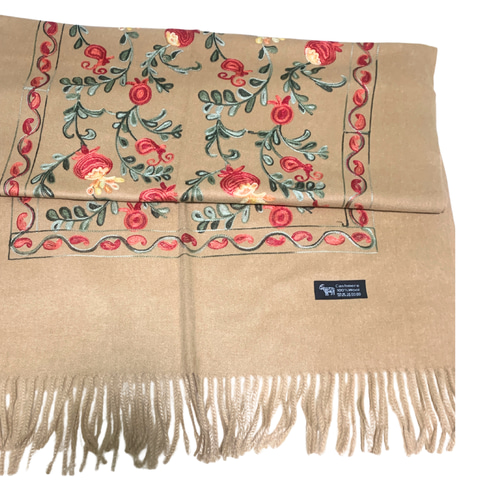 ウズベキスタン直輸入 カシミヤ100% 刺繍ストール ベージュ マフラー