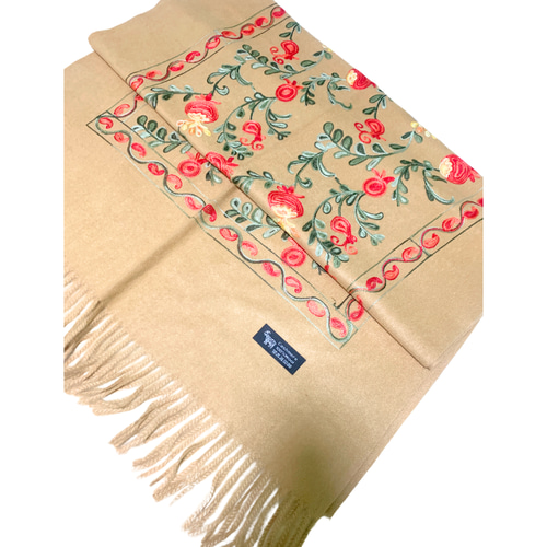 ウズベキスタン直輸入 カシミヤ100% 刺繍ストール ベージュ マフラー