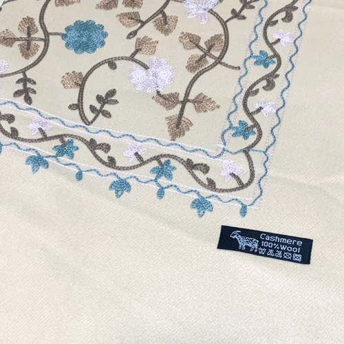 ウズベキスタン直輸入 カシミヤ100% 刺繍ストール ベージュ マフラー
