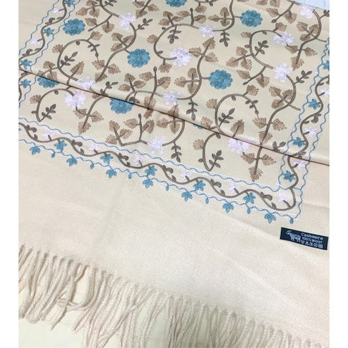 ウズベキスタン直輸入 カシミヤ100% 刺繍ストール ベージュ マフラー