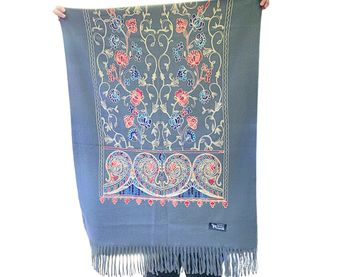 21. ウズベキスタン直輸入 カシミヤ100% 刺繍ストール ネイビー