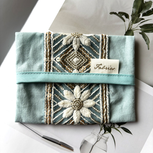 インド刺繍リボン◇水色◇ポケットティッシュケース その他ケース