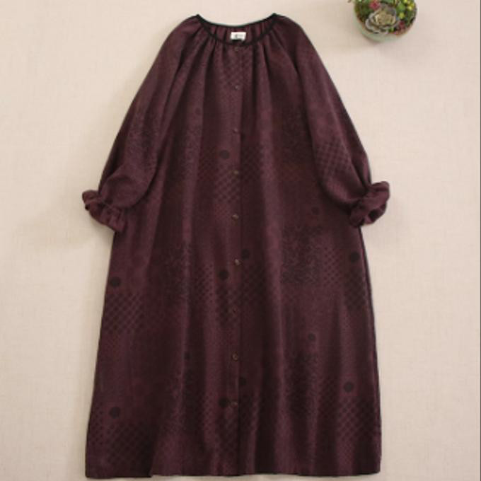 秋冬 プリント 丸襟 ワンピース ゆったり カジュアル ロングスカート