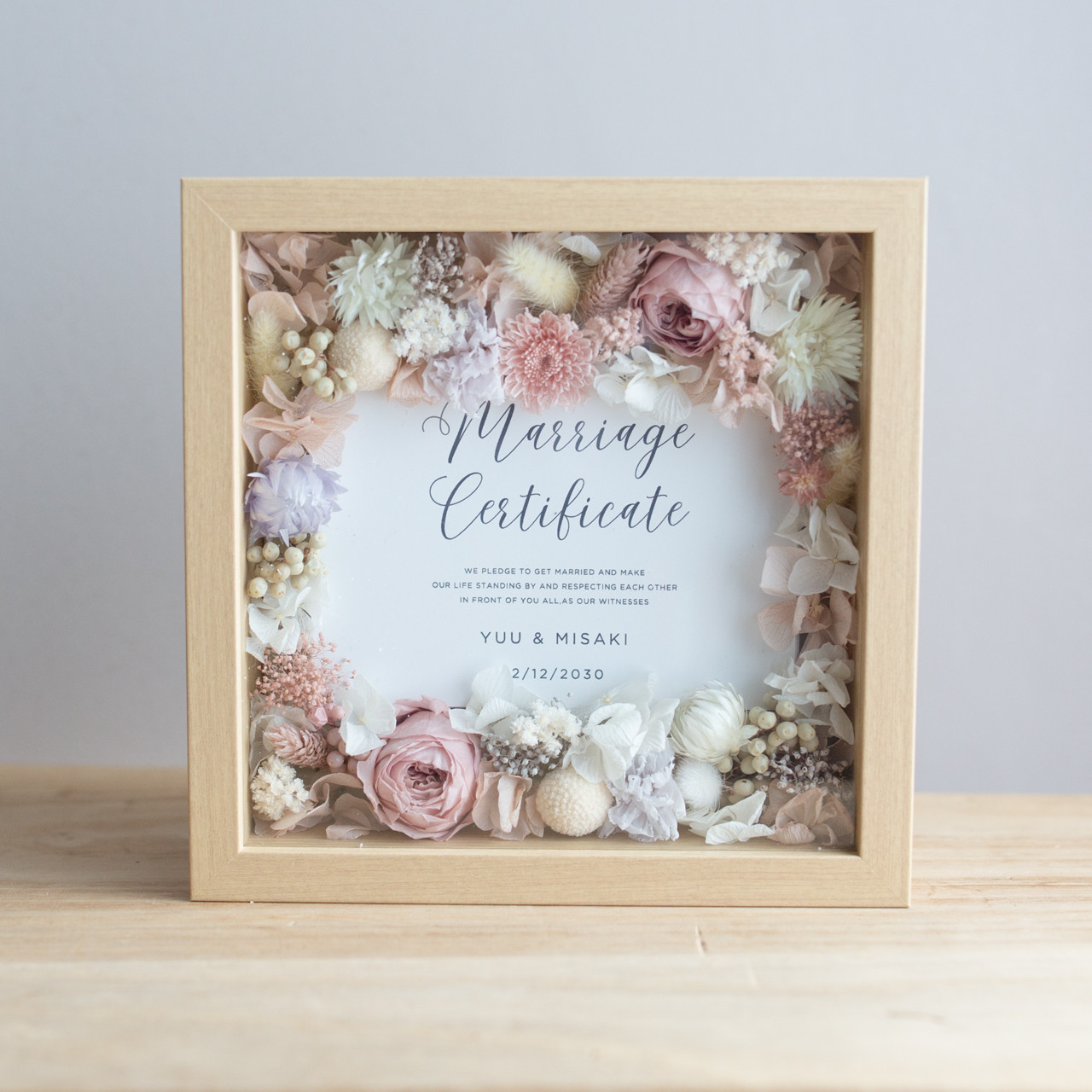 【ゲスト参加型】結婚証明書スクエア　プリザーブドフラワー＆ドライフラワー　ピンクライラック