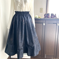 大島紬 ギャザースカート 格子柄 リボンベルト付き 黄色 着物リメイク