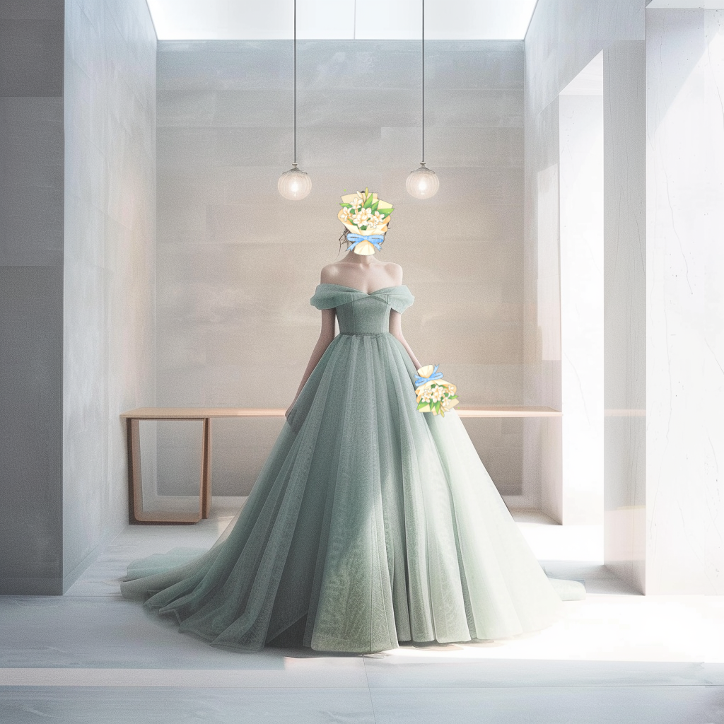 グリーンカラードレス  オフショル　トレーン　ソフトチュール　パーティー　結婚式　前撮り　二次会　結婚式 披露宴