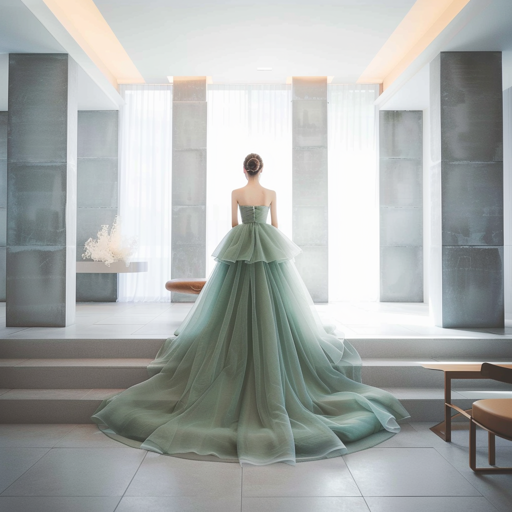 グリーンカラードレス  ベアトップ　トレーン　オーガン　パーティー　結婚式　前撮り　二次会　結婚式 披露宴