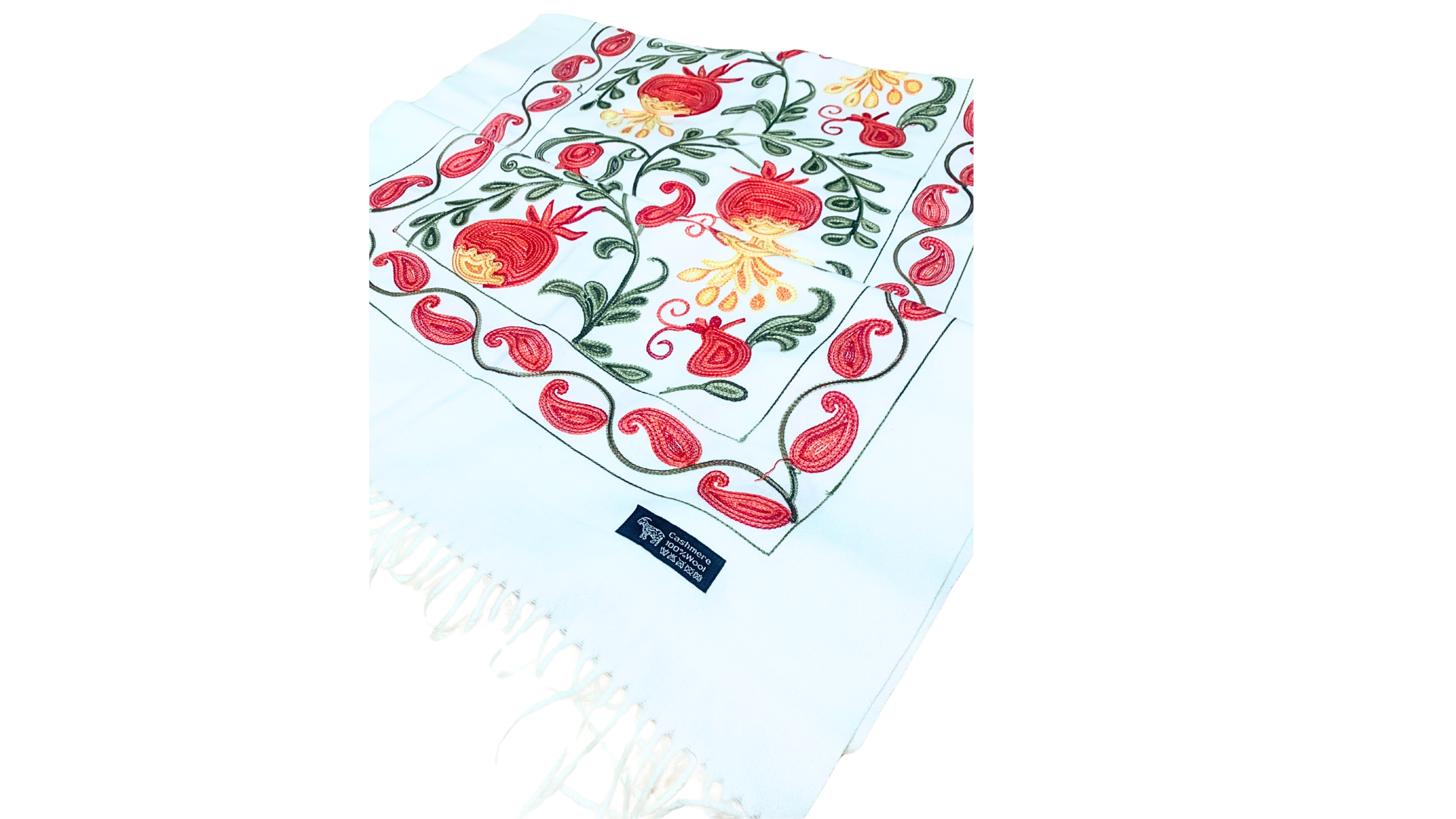 ウズベキスタン直輸入　カシミヤ100% 刺繍ストール　ホワイト