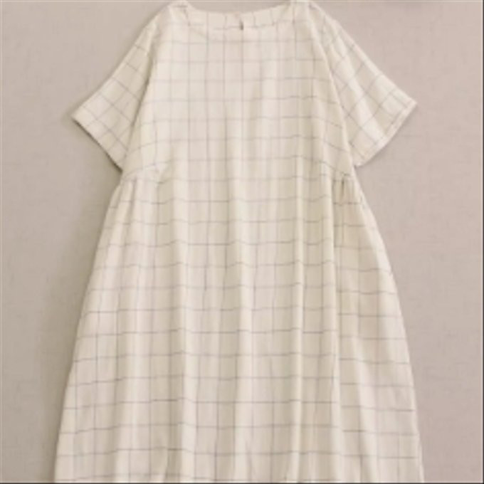 全綿 チェック 半袖 ワンピース 丸襟 ロングスカート
